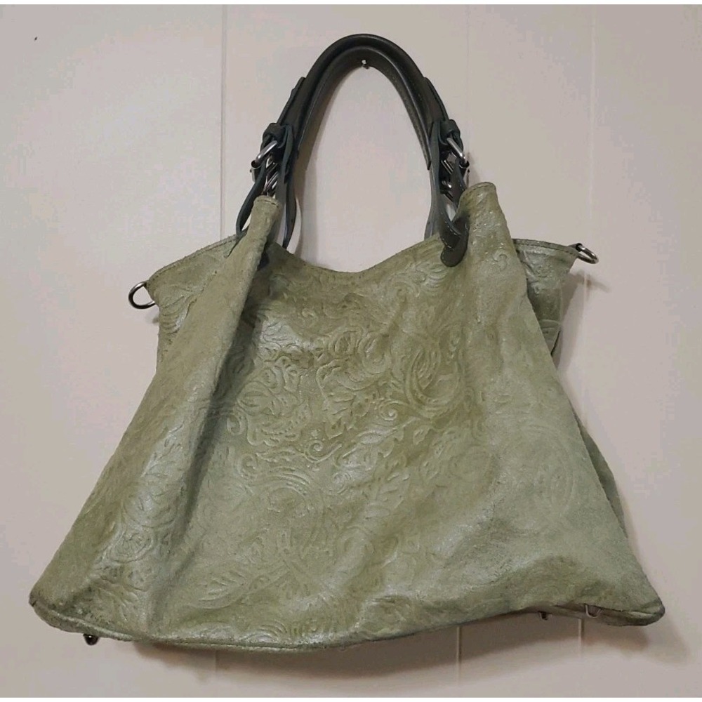 Isadora Italy Large Olive Green Tooled Leather Tote Handbag Bag Genuine Leather